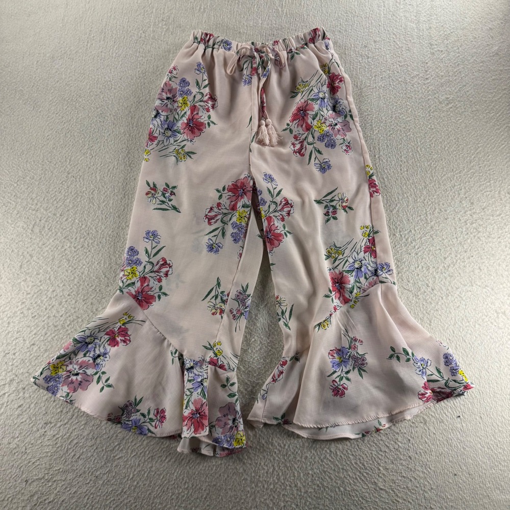 Rare‎ Editions Girls Pink Floral Ruffle Wide Leg Pants Boho Tassel Drawstring 7